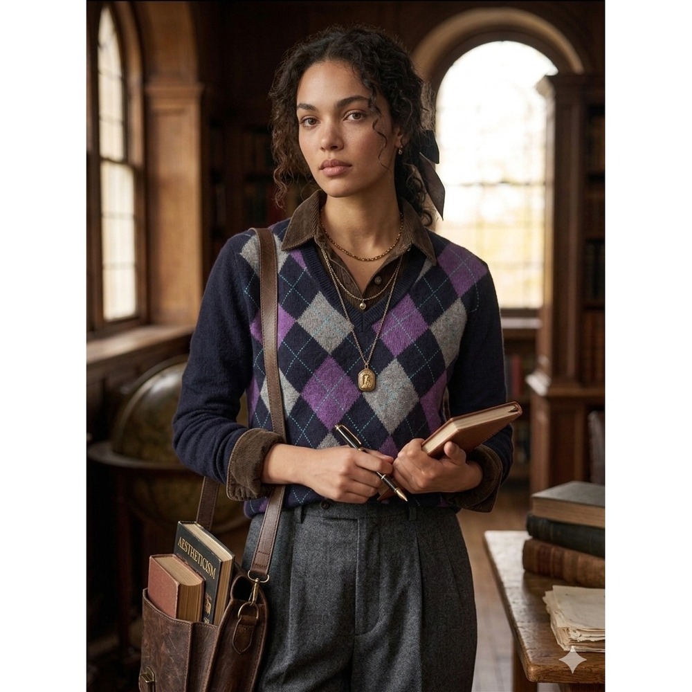 Simply Cashmere Argyle Sweater Womens L Academia Preppy Old Money Heritage Golf